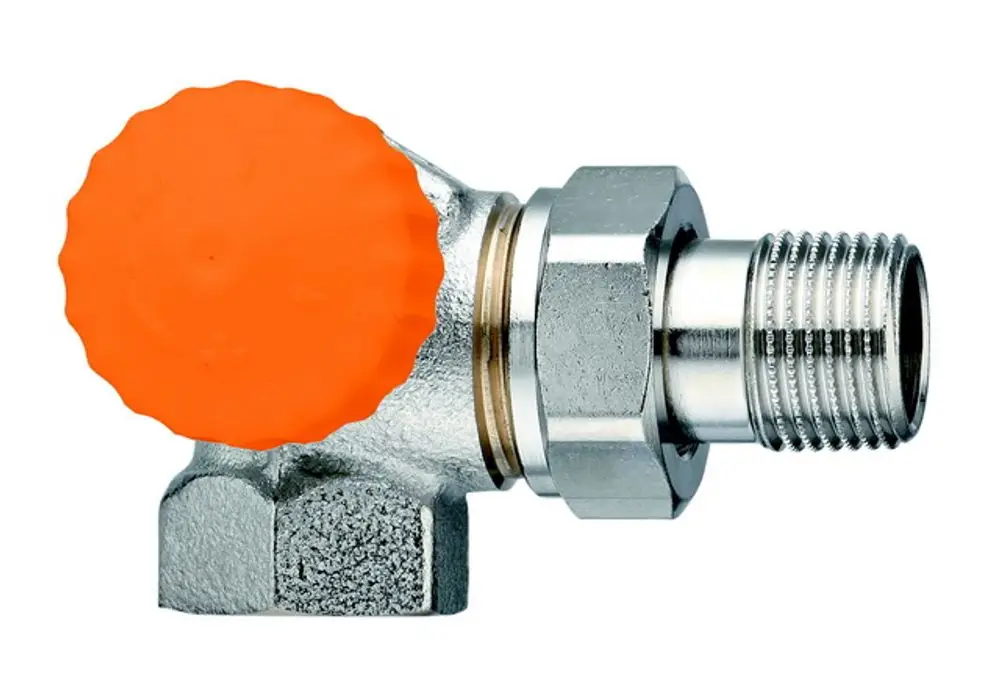 Thermostat-Ventilunterteil in Winkelbauform mit orangefarbener Kappe. Teil von IMI Hydronic Engineering für Heizungsanlagen, zur Regelung des Durchflusses.